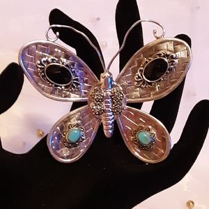 SS925 Large Butterfly Pendant Onyx, Turq. & Marcas